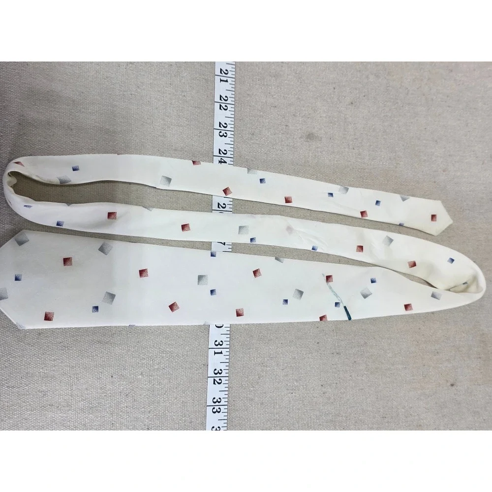 Selina de France Paris Mens Tie White Red Blue Grey Geometric Square Pattern